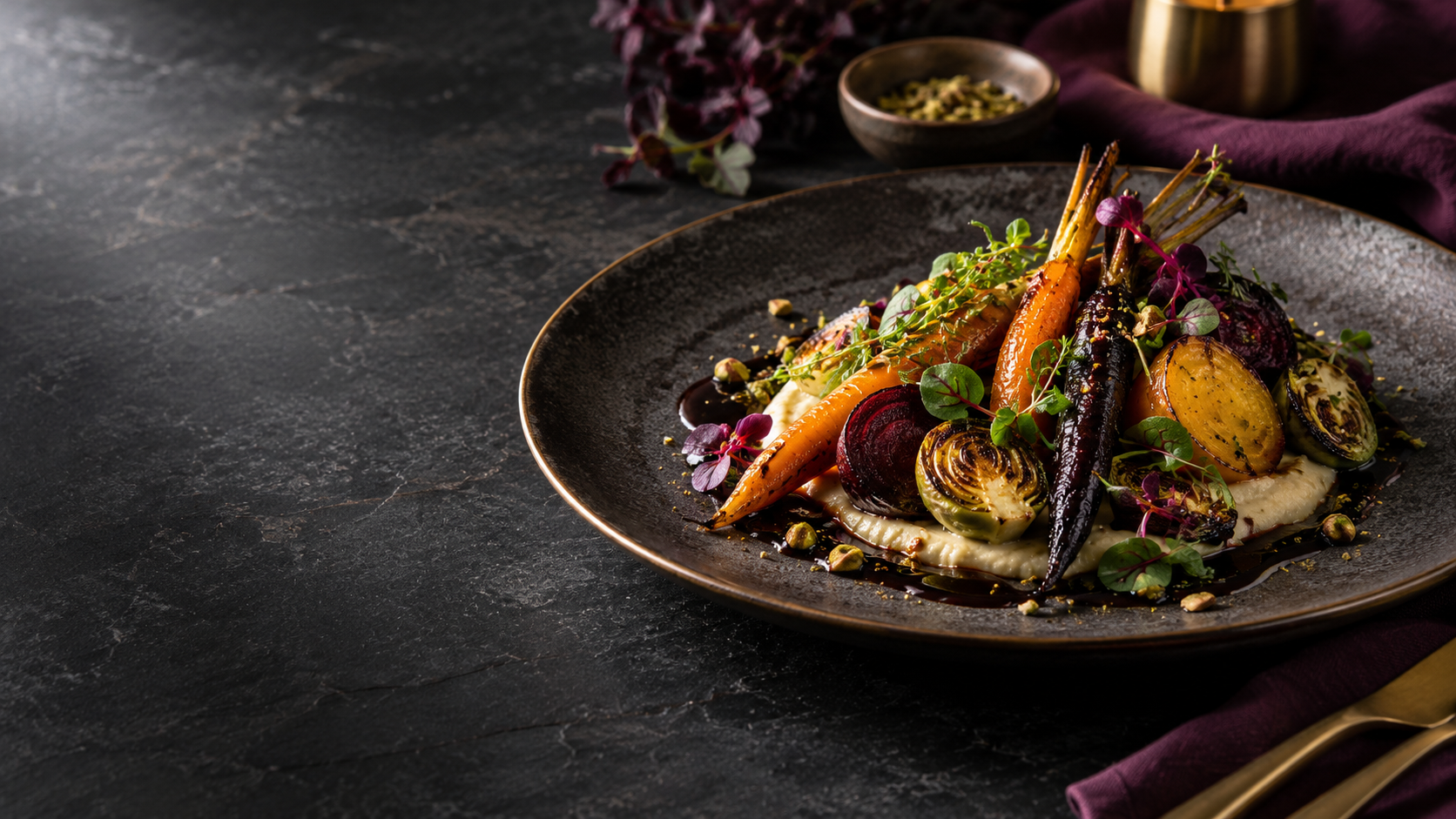 An elegant plant-forward dish with roasted vegetables and herbs