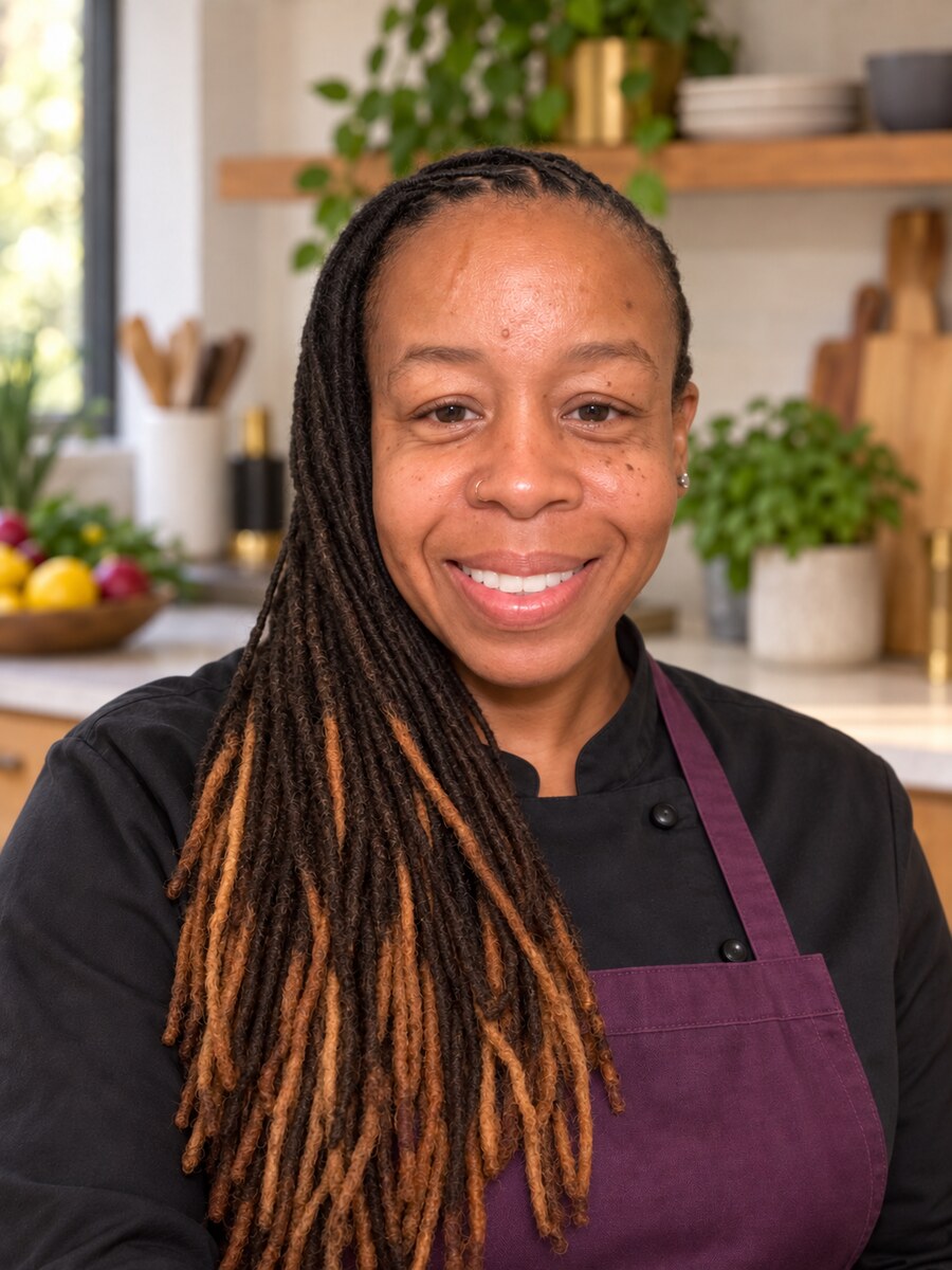 Chef Ranecia Sanders wearing a black chef coat and plum apron